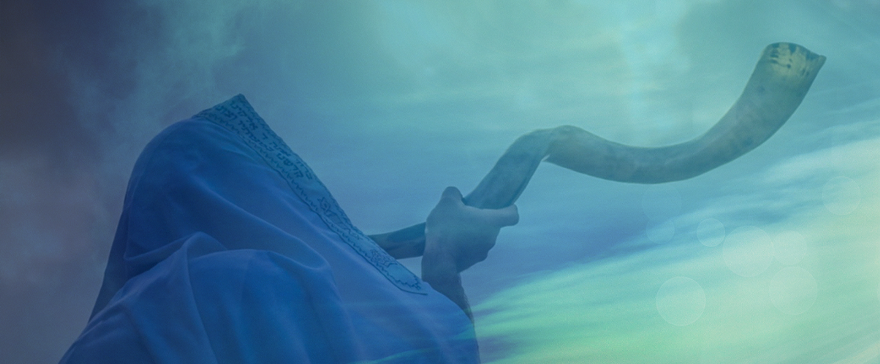 A figure draped in blue robes lifting a shofar toward the heavens